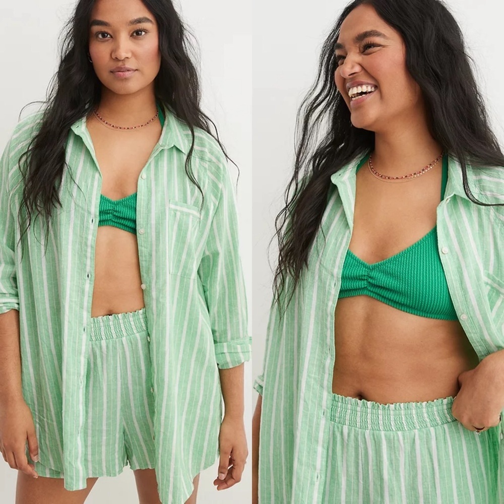 Sz XS Aerie Pool To Party Celebrity Green Linen Blend Cover Up Shirt NWOT - Picture 4 of 4